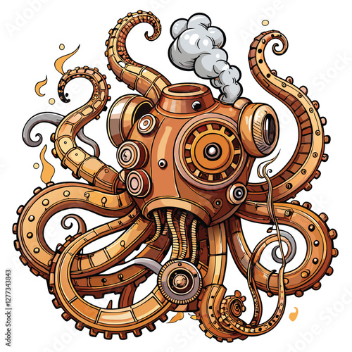 A colossal steampunk octopus, intricate gears whirring, steam billowing from its metallic tentacles, dominates a desolate industrial landscape.