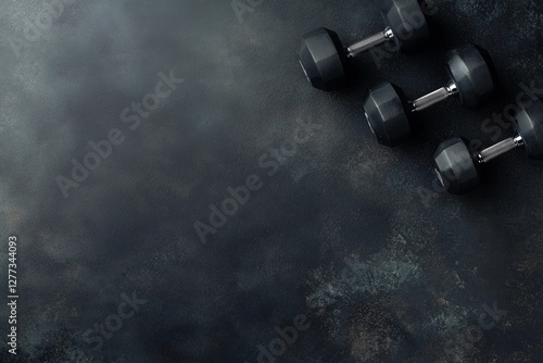 Dumbbells on the gym floor top view background.