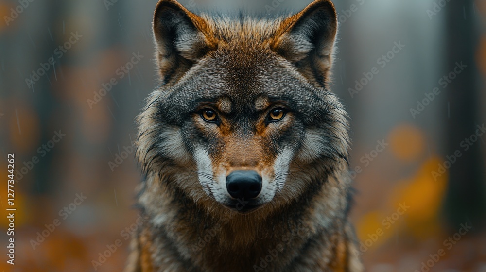 Gray wolf portrait in autumn forest, focused close-up. Possible use for nature photography or wildlife stock Gray wolf portrait in autumn forest, focused close-up. Possible use for nature photography or wildlife stock