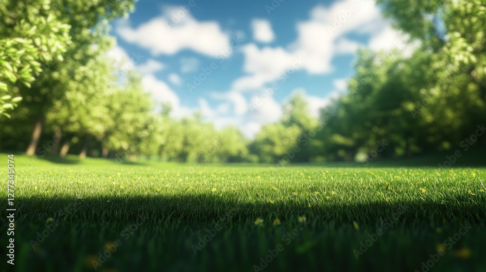 Lush green grass field in a sunny forest with bright blue sky. Lush green grass field in a sunny forest with bright blue sky.