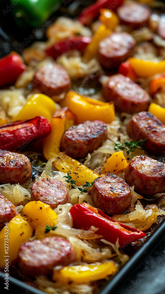 Sausage chunks, peppers and onions one pan dinner