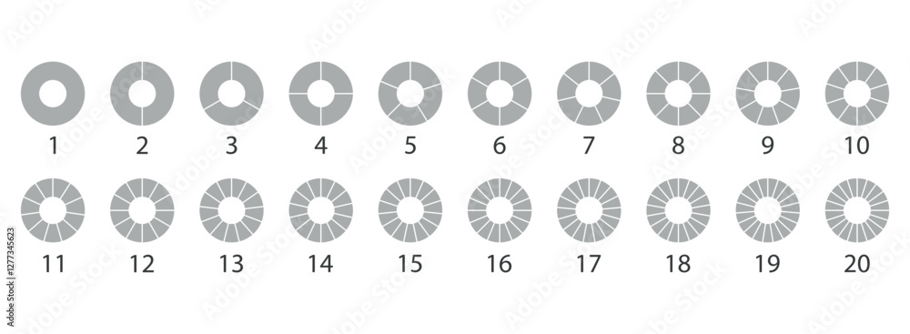 Circle 20 percent loading template. Round pie chart. Progress diagram structure. Circular grey color progress bar. Schemes with sectors. Piechart with segments and slices. Vector illustration Circle 20 percent loading template. Round pie chart. Progress diagram structure. Circular grey color progress bar. Schemes with sectors. Piechart with segments and slices. Vector illustration
