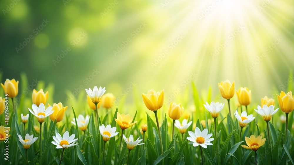 Fototapeta premium Artistic wallpaper expressing spring, ensemble of colors, green, yellow, white, Generative AI