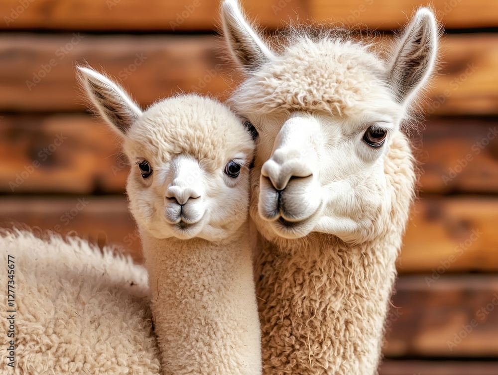 Obraz premium A heartwarming close-up of two fluffy alpacas, showcasing their gentle expressions against a rustic wooden backdrop.