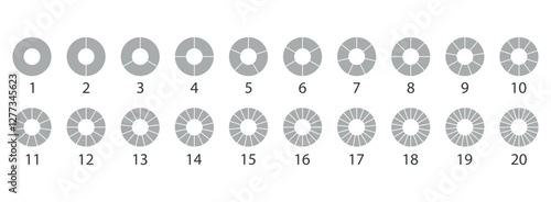 Circle 20 percent loading template. Round pie chart. Progress diagram structure. Circular grey color progress bar. Schemes with sectors. Piechart with segments and slices. Vector illustration