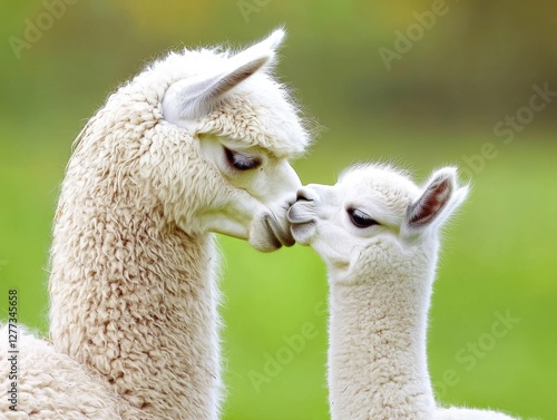 A tender moment between a mother alpaca and her baby, showcasing their close bond in a lush green setting.