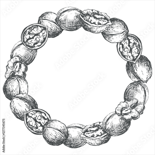 Vector round frame of walnuts. Wreath of open walnut kernel, whole walnut. Design for packaging of nut paste, liqueur or oil. Black and white sketch isolated on white background. Engraving style, ink.