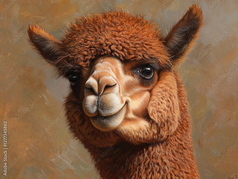 Obraz premium A close-up portrait of a fluffy brown alpaca, featuring a friendly expression against a soft, neutral background.