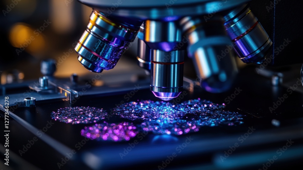 Aging cells under a microscope in a research laboratory. Featuring cellular fragmentation and molecular decay