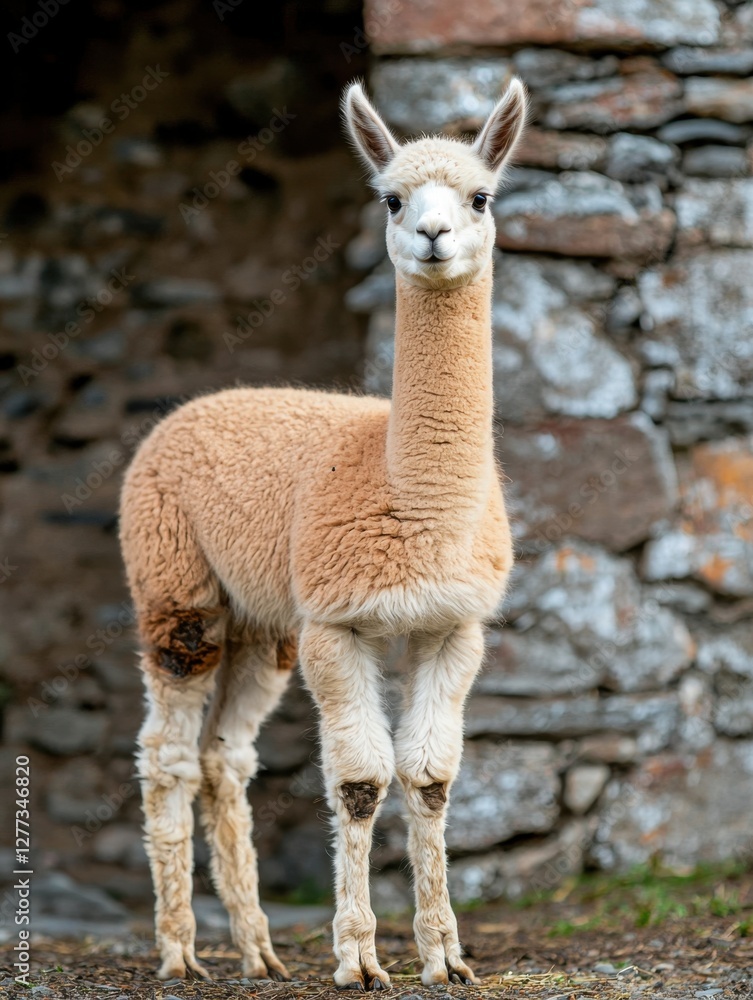 Obraz premium A young, fluffy llama stands in front of a stone wall, showcasing its soft fur and curious expression.