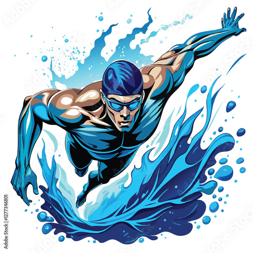 A powerful athlete executes a breathtaking dive, showcasing perfect form and muscular physique as they enter the water with realistic splashing detail.