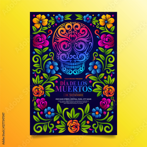 Dia de muertos Brochure, Day of the dead sugar skull with mexican floral decoration