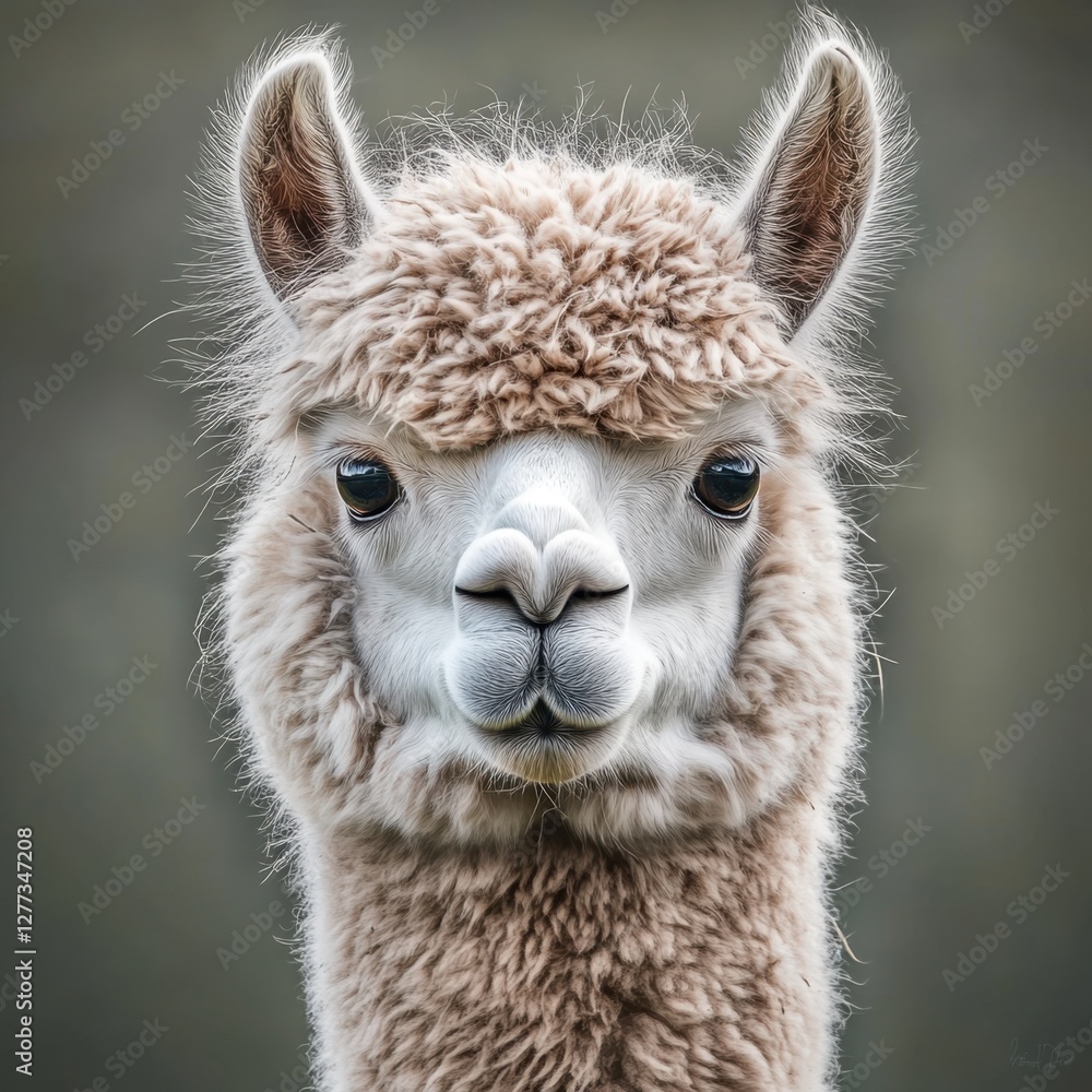 Obraz premium A close-up of a fluffy, light-colored alpaca with big eyes and a gentle expression, set against a soft, blurred background.