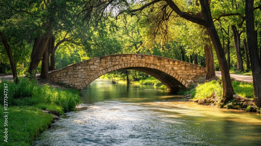 Stone Bridge over Tranquil River in Lush Green Park Stone Bridge over Tranquil River in Lush Green Park