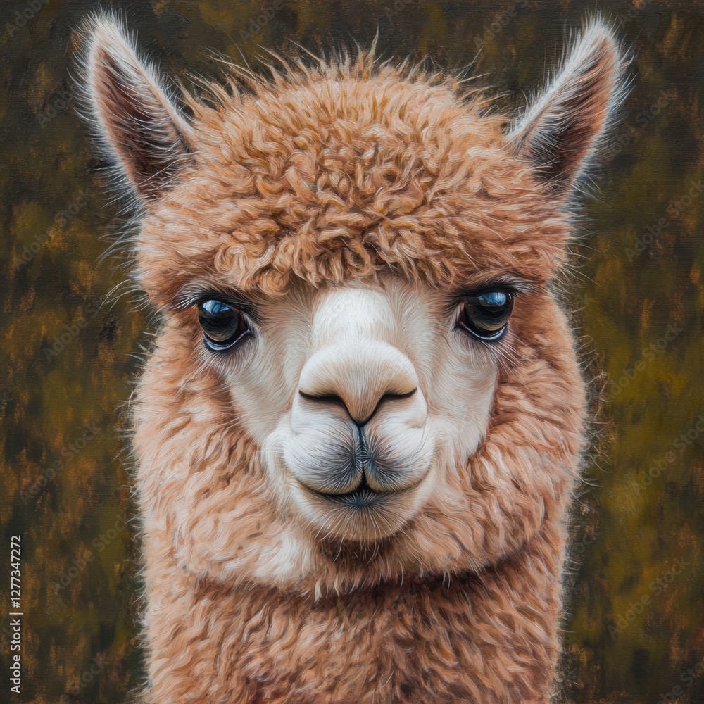 Obraz premium A cute, fuzzy alpaca gazes curiously at the viewer, showcasing its distinct features and soft fur against a blurred background.