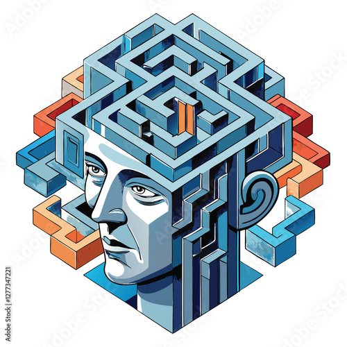 Surreal digital painting of a woman's head morphing into a complex, inescapable maze, evoking feelings of confinement and mental struggle.  Eve is subtly referenced.
