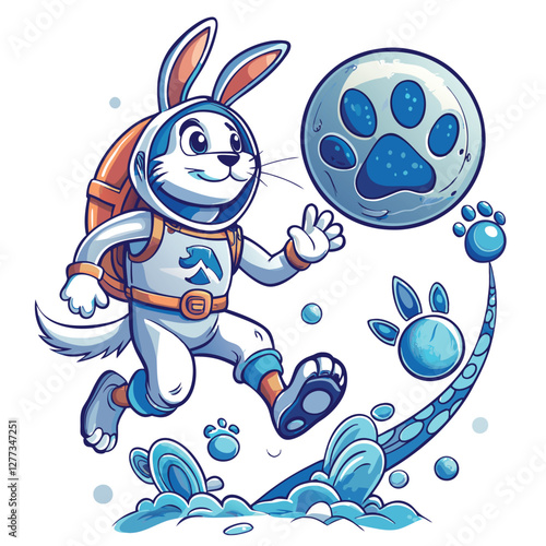A cute rabbit astronaut in a spacesuit joyfully hops across the lunar surface, leaving a trail of small footprints behind.  Part 1 of a series.