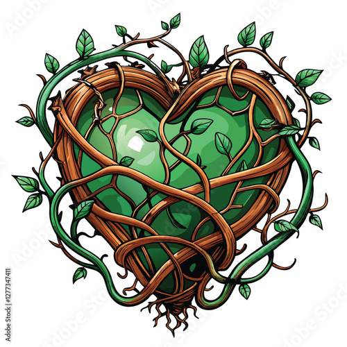 A vibrant, pulsing heart formed from interwoven vines and metallic wires, showcasing intricate detail and biomechanical aesthetics.