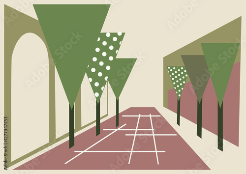 街路樹、建物がある街の風景、イラスト