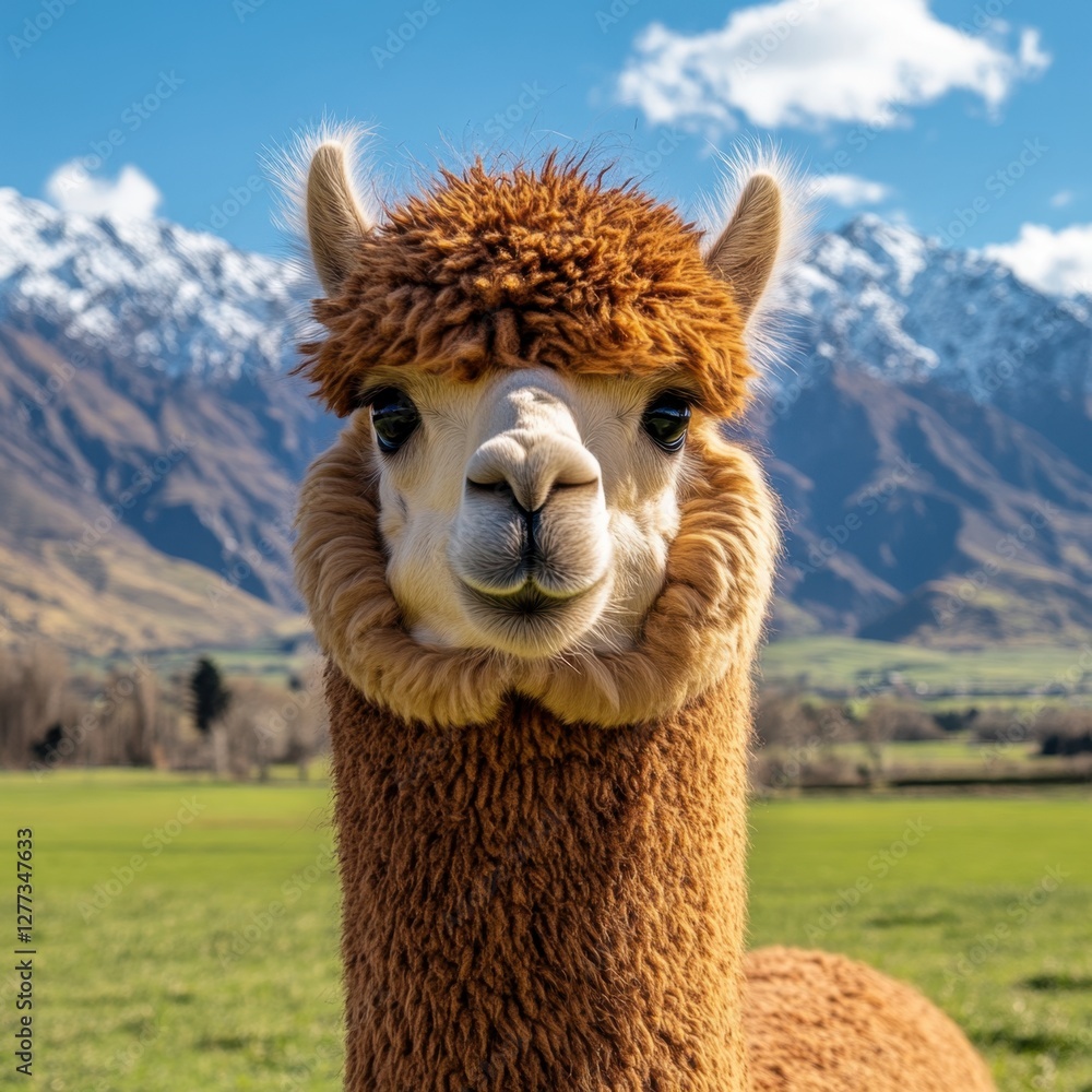 Obraz premium A close-up of a fluffy alpaca with a charming expression, set against a backdrop of majestic mountains and vibrant green fields.