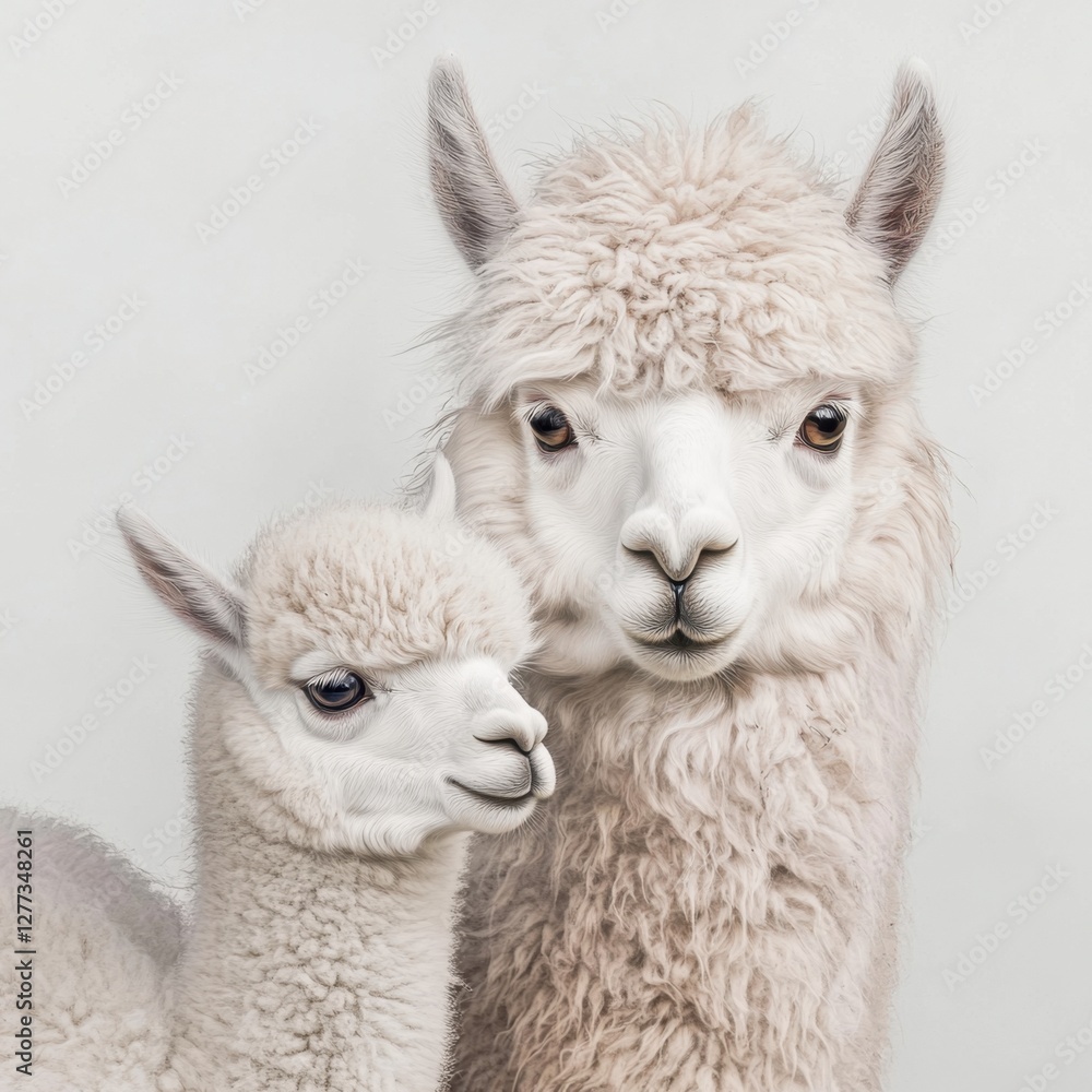 Obraz premium A pair of fluffy white alpacas stand close together, showcasing their soft fur and gentle expressions against a light background.