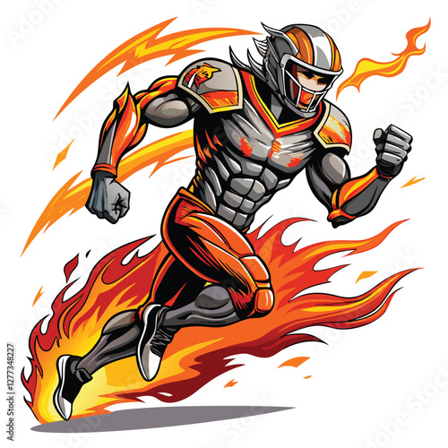 A fiery, damaged robotic football player sprints across a scorched field, sparks flying.  The robot is on fire, its metallic body glowing.