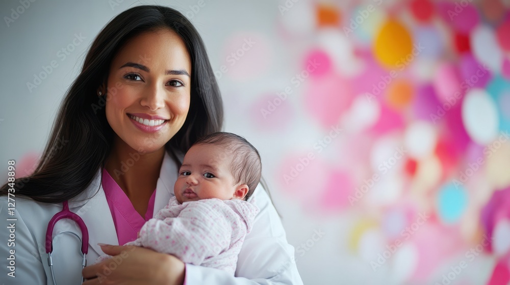 A smiling healthcare professional holds a newborn baby, showcasing warmth and care against a colorful, soft background. A smiling healthcare professional holds a newborn baby, showcasing warmth and care against a colorful, soft background.