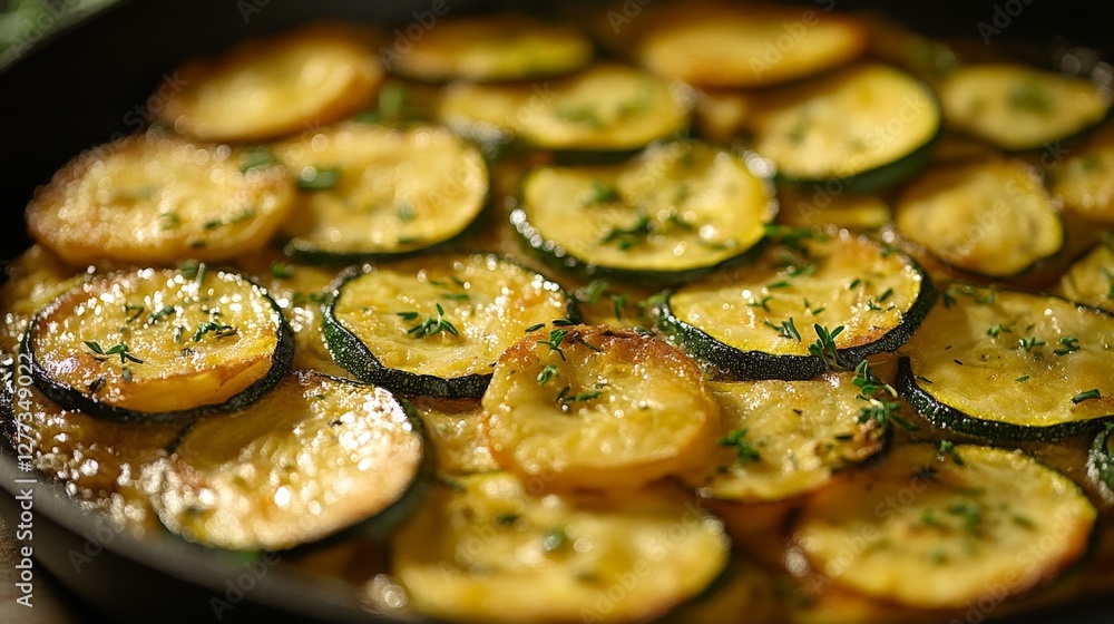 A close-up of a skillet filled with layered, golden-brown zucchini and potatoes garnished with herbs. A close-up of a skillet filled with layered, golden-brown zucchini and potatoes garnished with herbs.