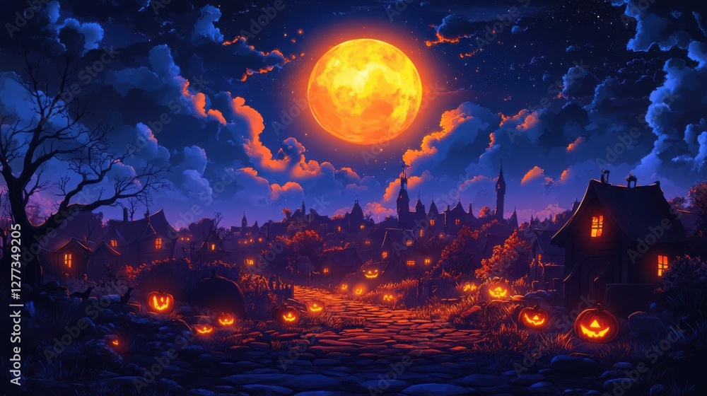Halloween Night in the Village with Spooky Pumpkins under the Moonlight, Generated AI Halloween Night in the Village with Spooky Pumpkins under the Moonlight, Generated AI