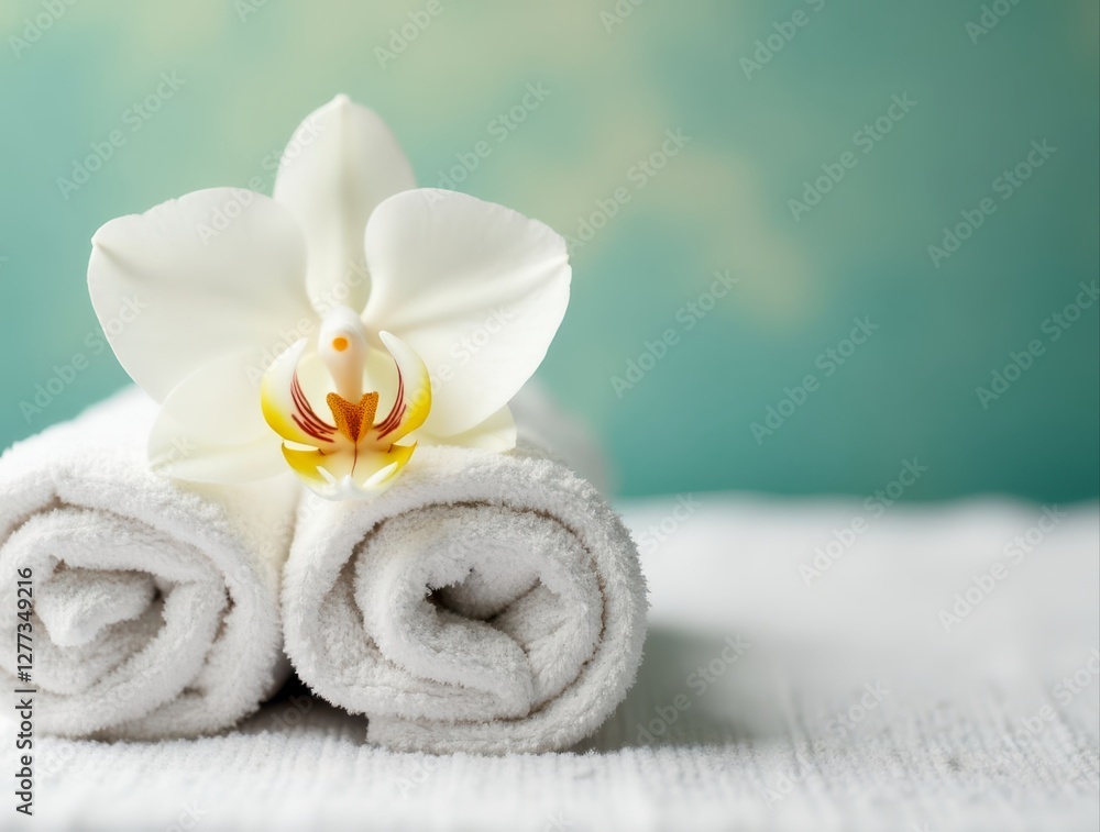 Rolled white towels with orchid flower creating relaxing spa ambiance Rolled white towels with orchid flower creating relaxing spa ambiance