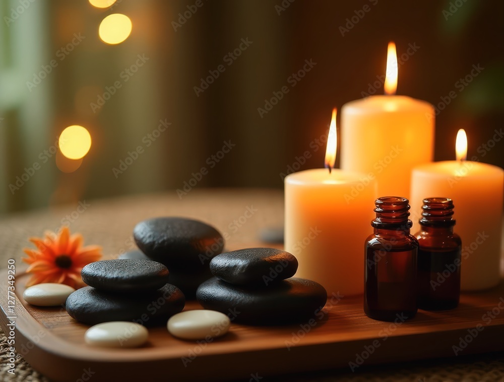 Relaxing spa setting with burning candles, essential oils, and smooth stones on wooden tray Relaxing spa setting with burning candles, essential oils, and smooth stones on wooden tray