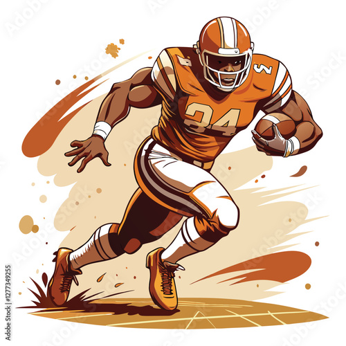 A dynamic action shot of a football running back powerfully sprinting down the field, skillfully dodging a defender.