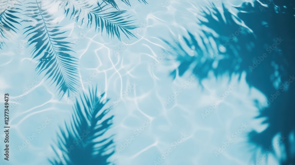 Sunlight dances on water, casting shadows of palm leaves in a tranquil pool. Sunlight dances on water, casting shadows of palm leaves in a tranquil pool.