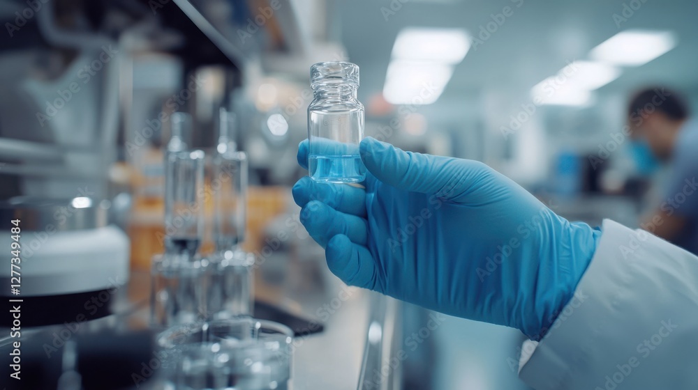 A scientist in a lab holds a test tube, wearing blue gloves, surrounded by various glassware and equipment. A scientist in a lab holds a test tube, wearing blue gloves, surrounded by various glassware and equipment.
