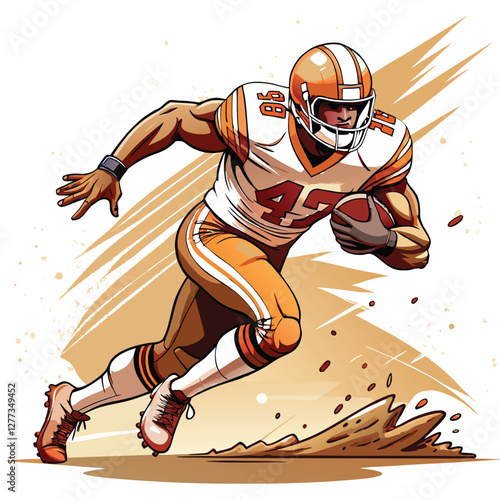 A powerful running back, in full uniform, sprints down a football field, skillfully dodging a defender.  Dynamic action shot.