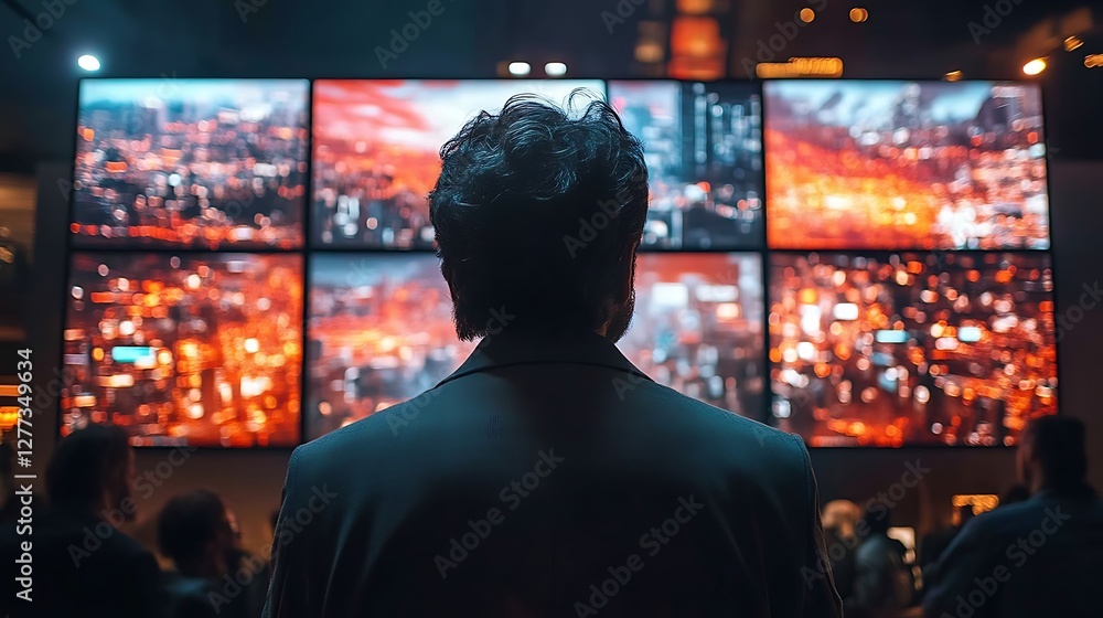Man watching large screens, city views, expo hall Man watching large screens, city views, expo hall