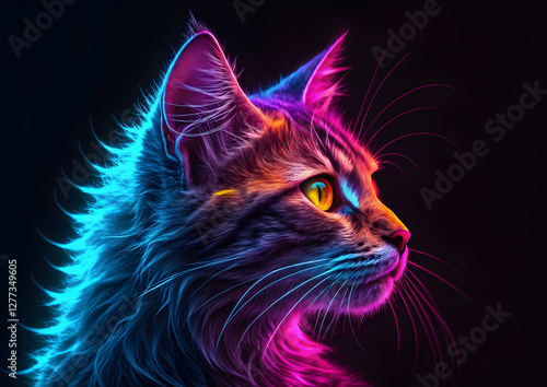 Neon Cat Portrait: Vibrant, Colorful, Futuristic Feline Illustration on Black Background