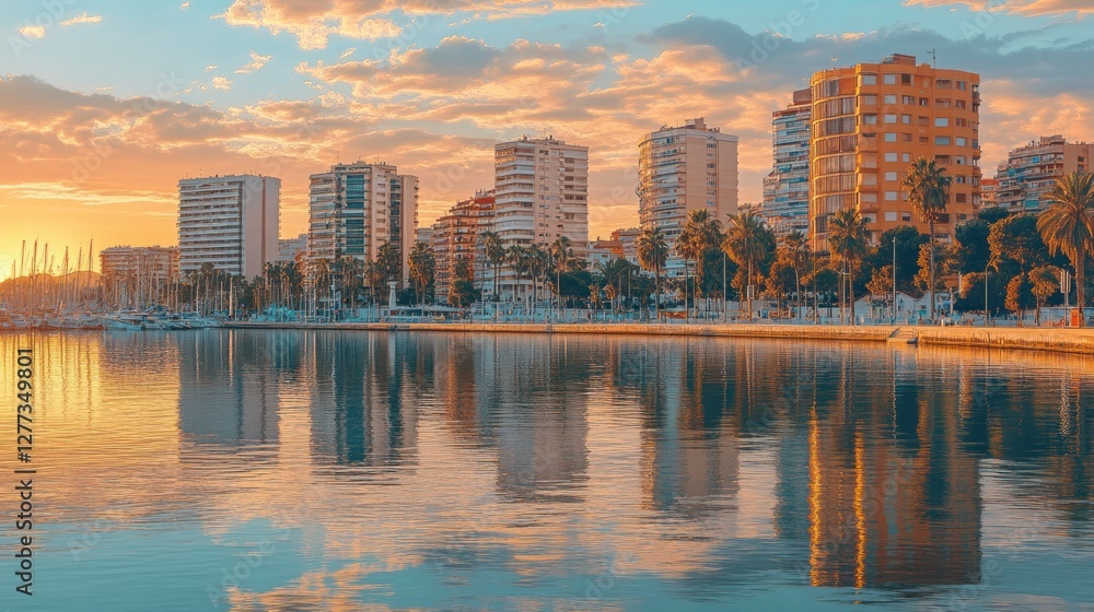 Fototapeta premium Sunset over a coastal city with buildings reflecting in calm waters.