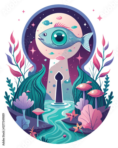 A surreal keyhole reveals a vibrant, fantastical dream landscape; swirling colors, impossible architecture, and bioluminescent flora.