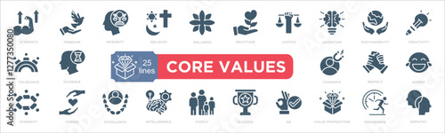 Set of line art icons highlighting core values including freedom, integrity, sustainability, and creativity, presented with clear visuals and labels for concepts, ideals, and human excellence.
