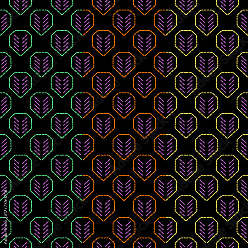 India stitch Kasuti embroidery fabric pattern needle work seamless geometric abstract culture decorative hand drawn tribal asian template printed colorful line artwork black background quilt wallpaper