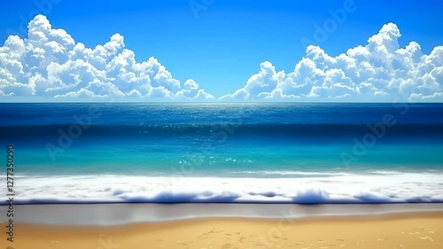 Ocean Waves Crashing on Sandy Beach Under a Sunny Sky