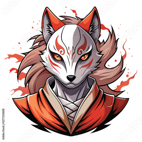 A nine-tailed fox (kitsune) wearing a cracked, oni-like mask, partially obscured by shadows, exhibiting a mysterious, sorrowful expression.