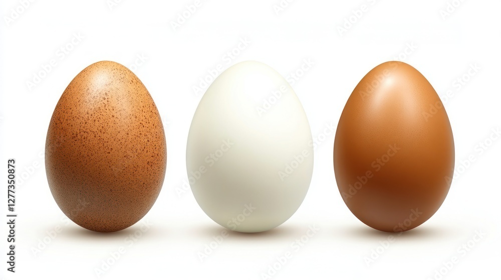 Three eggs in varying shades of brown and white on a clean, white background. Three eggs in varying shades of brown and white on a clean, white background.