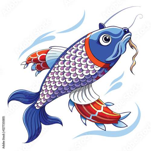 A vibrant koi fish windsock, a Koinobori, magically comes to life, swimming in a gentle breeze.  Intricate details and lively expression.