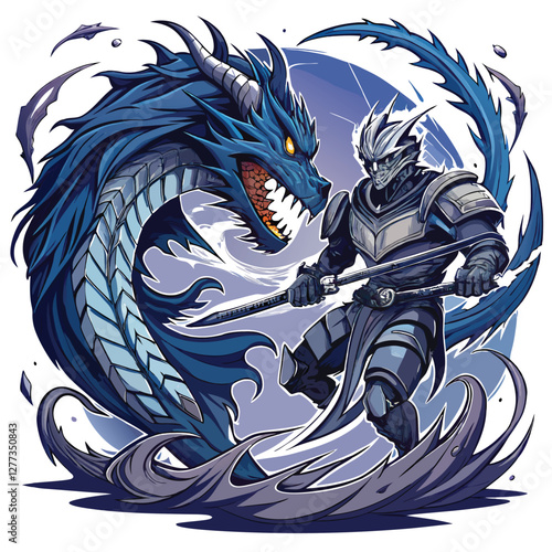 A valiant knight, clad in shining armor, bravely battles a colossal, swirling shadow dragon in a dramatic, dark fantasy scene.