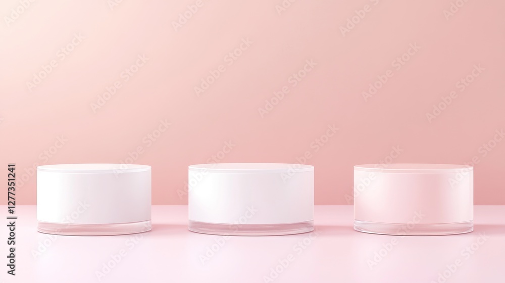 Three minimalist cosmetic jars on a soft pink background. Three minimalist cosmetic jars on a soft pink background.