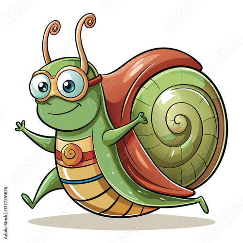 A tiny snail superhero, wearing a miniature cape, zooms at incredible speed leaving a glistening slime trail.  Illustrate with vibrant colors and dynamic motion blur.
