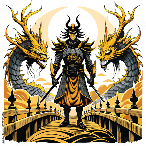 A lone samurai, katana sheathed, stands on a partially destroyed, ancient wooden bridge overlooking a misty valley.  Focus on the samurai's stoic pose and the bridge's decay.