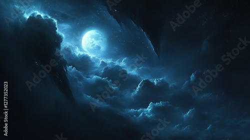 A moonlit sky with textured clouds, ethereal glow, and twinkling stars. Evokes serenity and mystery, perfect for atmospheric and celestial-themed projects.